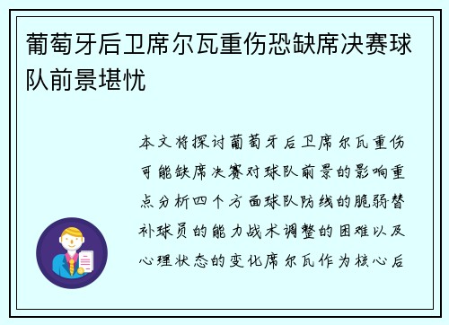 葡萄牙后卫席尔瓦重伤恐缺席决赛球队前景堪忧