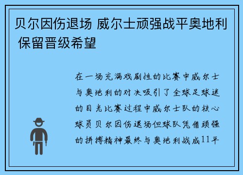 贝尔因伤退场 威尔士顽强战平奥地利 保留晋级希望