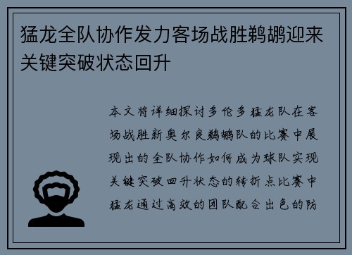 猛龙全队协作发力客场战胜鹈鹕迎来关键突破状态回升