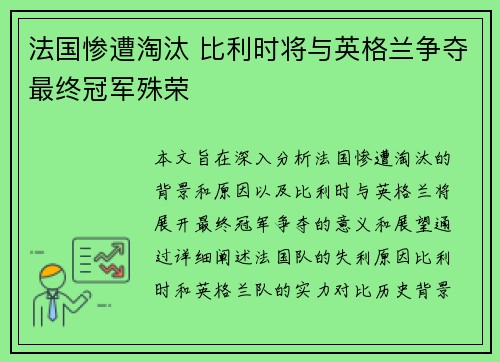 法国惨遭淘汰 比利时将与英格兰争夺最终冠军殊荣