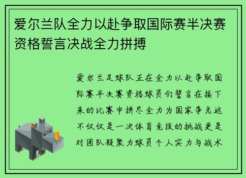 爱尔兰队全力以赴争取国际赛半决赛资格誓言决战全力拼搏