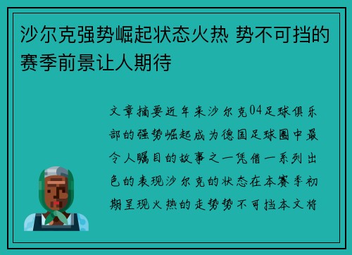 沙尔克强势崛起状态火热 势不可挡的赛季前景让人期待