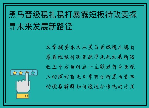 黑马晋级稳扎稳打暴露短板待改变探寻未来发展新路径