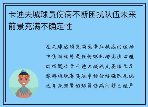 卡迪夫城球员伤病不断困扰队伍未来前景充满不确定性