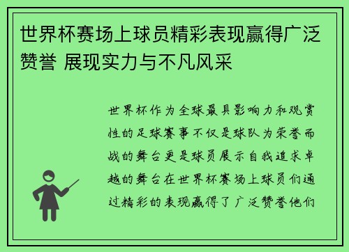 世界杯赛场上球员精彩表现赢得广泛赞誉 展现实力与不凡风采