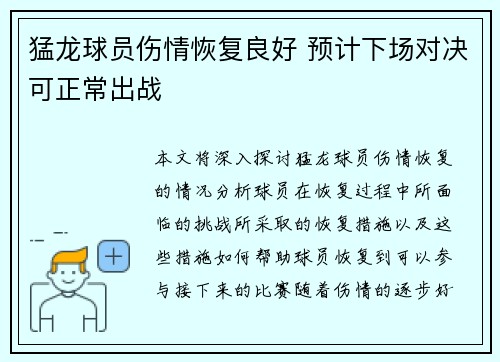 猛龙球员伤情恢复良好 预计下场对决可正常出战