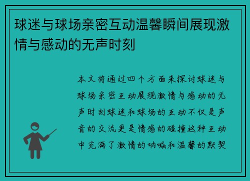 球迷与球场亲密互动温馨瞬间展现激情与感动的无声时刻