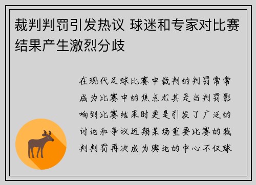 裁判判罚引发热议 球迷和专家对比赛结果产生激烈分歧