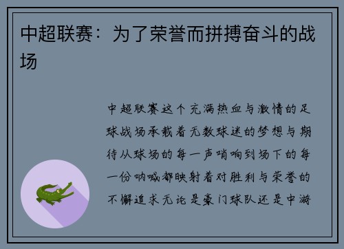 中超联赛：为了荣誉而拼搏奋斗的战场